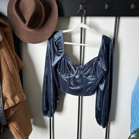 Lush Tops - Lush powder blue crushed velvet corset bustier puff sleeve romantic blouse shirt